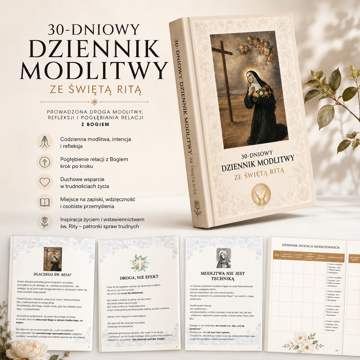30-dniowy Dziennik Modlitwy ze Świętą Ritą – chrześcijański ebook PDF zawierający codzienną modlitwę, refleksje, intencje modlitewne oraz przestrzeń na osobiste zapiski i wdzięczność.