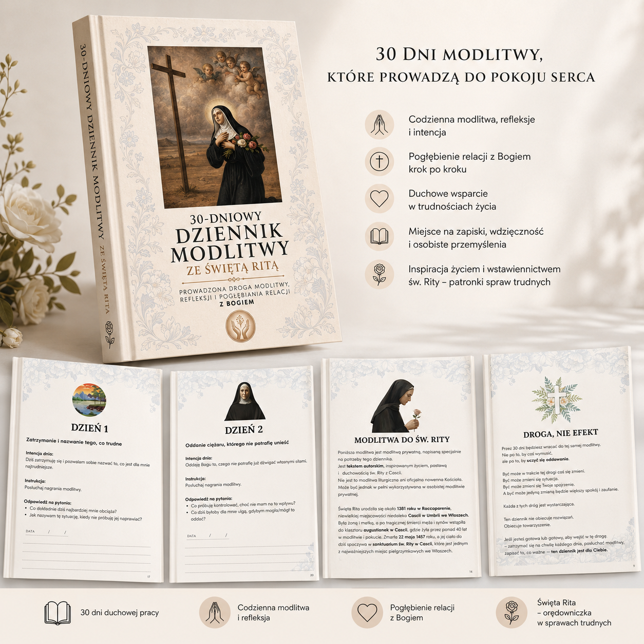 Mockup 30-dniowego Dziennika Modlitwy ze Świętą Ritą – chrześcijański workbook PDF do codziennej modlitwy, refleksji duchowej i pogłębiania relacji z Bogiem.
